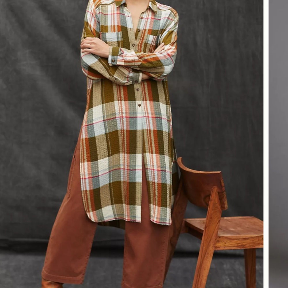 Anthro Pilcro Side Slit Maxi Tunic Button Down Gorpcore Plaid Duster Shirt Dress